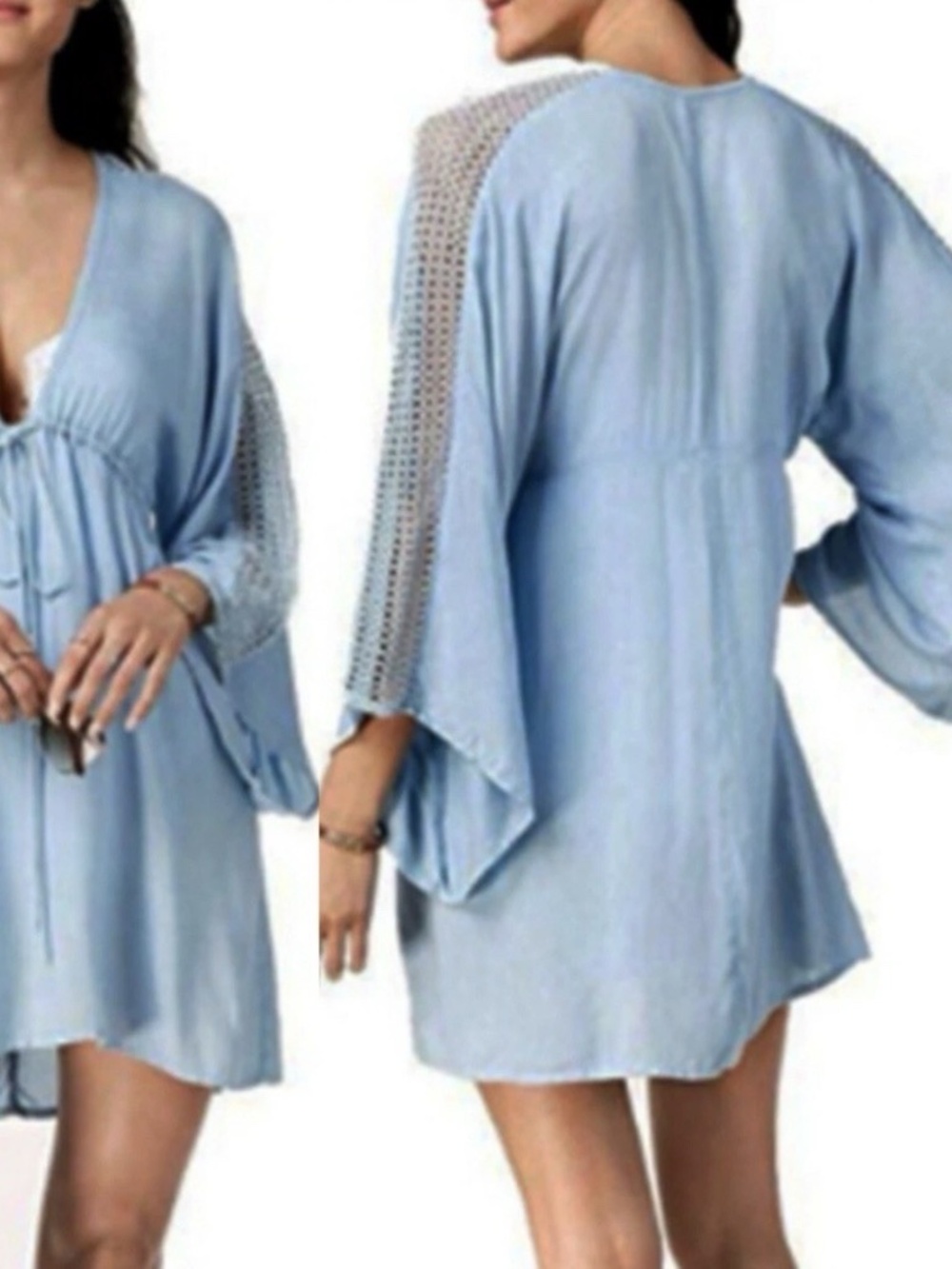 Raviya Chambray Blue Swim Cover Up Dress Tie Waist Bell Sleeve NEW Small Beach - Picture 4 of 4